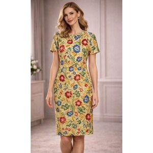 Maggy London Silk Floral Dress Womens 6 Petite Yellow Vintage Retro Boho Sheath